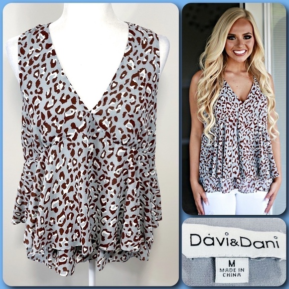 DAVI & DANI Slate Brown Leopard Print V-Neck Sleeveless Ruffled Blouse - MEDIUM - Picture 1 of 9
